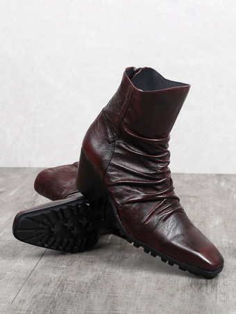 メンズ チェルシー ブラック 牛革 スクエアトゥ チャンキーヒール バックジッパー ドレスブーツ