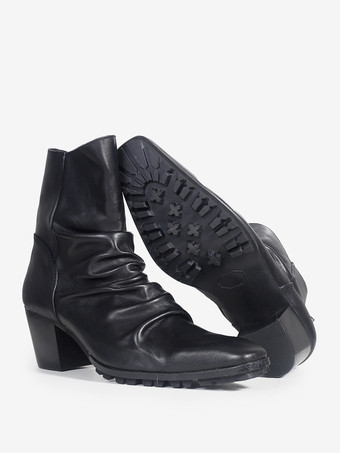 メンズ チェルシー ブラック 牛革 スクエアトゥ チャンキーヒール バックジッパー ドレスブーツ