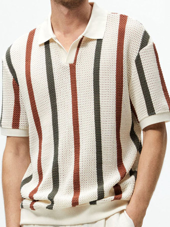 ベージュメンズ ポロシャツ ターンダウンカラー 半袖 ストライプボタン ヴィンテージ トップス