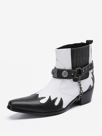 メンズブーツ チェルシーブーツ ホワイト 牛革 スクエアトゥ チェーン アンクル ショートブーツ