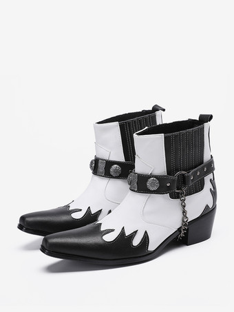 メンズブーツ チェルシーブーツ ホワイト 牛革 スクエアトゥ チェーン アンクル ショートブーツ