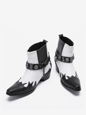 メンズブーツ チェルシーブーツ ホワイト 牛革 スクエアトゥ チェーン アンクル ショートブーツ