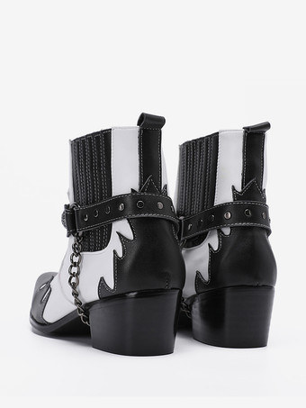 メンズブーツ チェルシーブーツ ホワイト 牛革 スクエアトゥ チェーン アンクル ショートブーツ