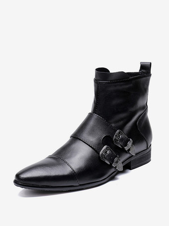 メンズブーツ チェルシーブーツ ブラック 牛革 ポインテッドトゥ バックル アンクル ショートブーツ