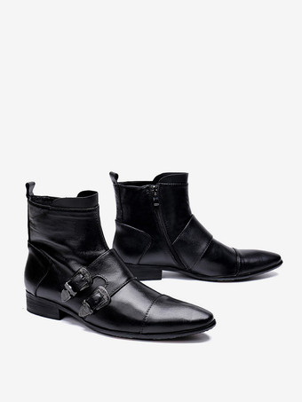 メンズブーツ チェルシーブーツ ブラック 牛革 ポインテッドトゥ バックル アンクル ショートブーツ