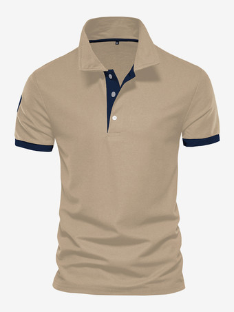 カーキ メンズ ポロシャツ ターンダウンカラー 半袖 クラシックボタン ダークネイビーブルー トップス