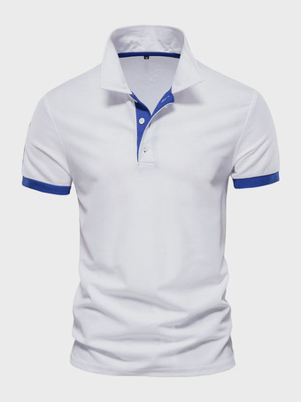 ホワイト メンズ ポロシャツ ターンダウンカラー 半袖 クラシックボタン ダークネイビーブルー トップス