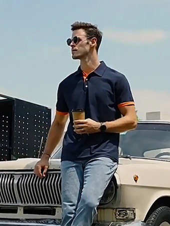 メンズ ポロシャツ ターンダウンカラー 半袖 クラシックボタン ダークネイビーブルー トップス