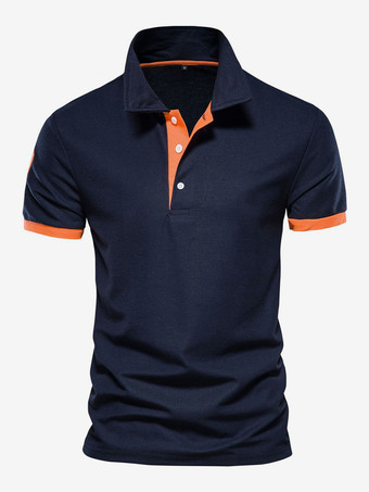 メンズ ポロシャツ ターンダウンカラー 半袖 クラシックボタン ダークネイビーブルー トップス