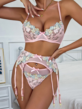 セクシーランジェリー 3ピース フラワー ピンク ブラ パンティ セット