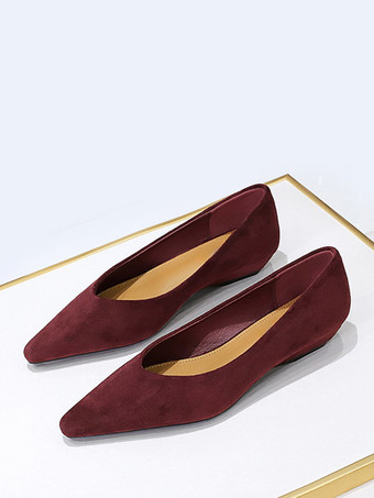 ワインレッド レディース ポインテッドトゥ スエード ナップ バレエフラット