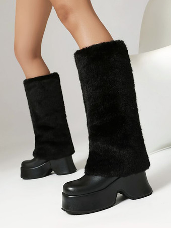 ブラック PUレザー ブラック ラウンドトゥ チャンキーヒール ミッドカーフブーツ レディース ブーツ