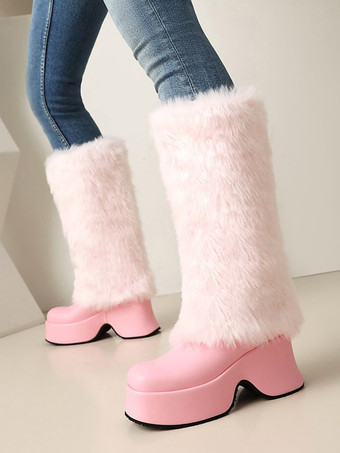 ピンクPUレザー ブラック ラウンドトゥ チャンキーヒール ミッドカーフブーツ レディース ブーツ