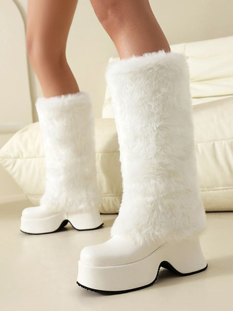 ホワイト PUレザー ブラック ラウンドトゥ チャンキーヒール ミッドカーフブーツ レディース ブーツ