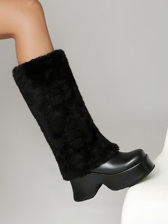 PUレザー ブラック ラウンドトゥ チャンキーヒール ミッドカーフブーツ レディース ブーツ