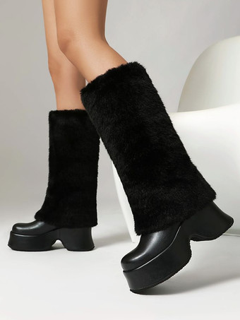 PUレザー ブラック ラウンドトゥ チャンキーヒール ミッドカーフブーツ レディース ブーツ