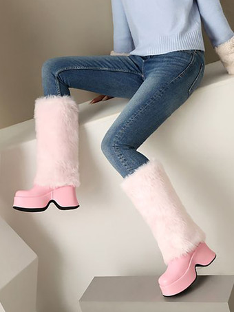 PUレザー ブラック ラウンドトゥ チャンキーヒール ミッドカーフブーツ レディース ブーツ