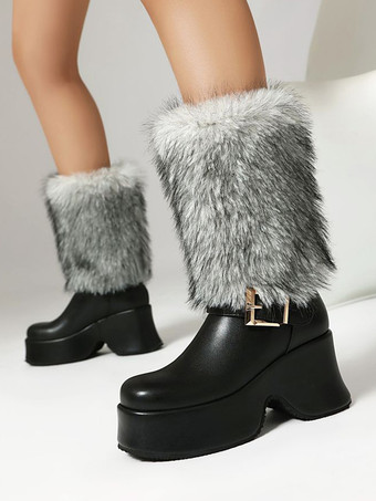 ブラック PUレザー ホワイト ラウンドトゥ チャンキーヒール ミッドカーフブーツ レディース ブーツ