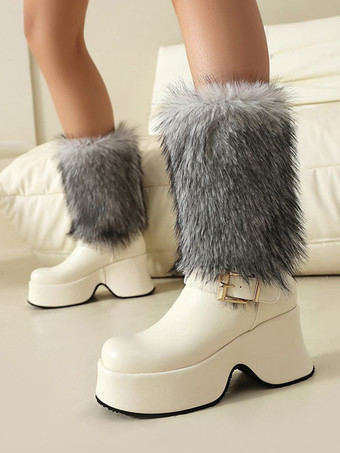 ホワイト PUレザー ホワイト ラウンドトゥ チャンキーヒール ミッドカーフブーツ レディース ブーツ
