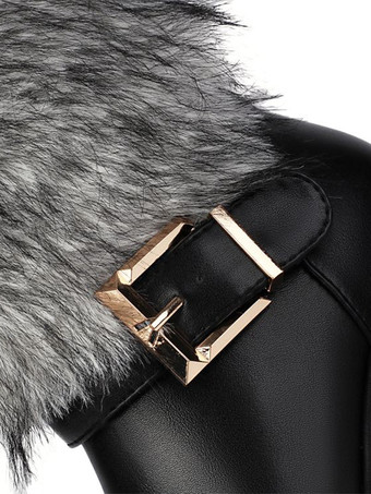 PUレザー ホワイト ラウンドトゥ チャンキーヒール ミッドカーフブーツ レディース ブーツ