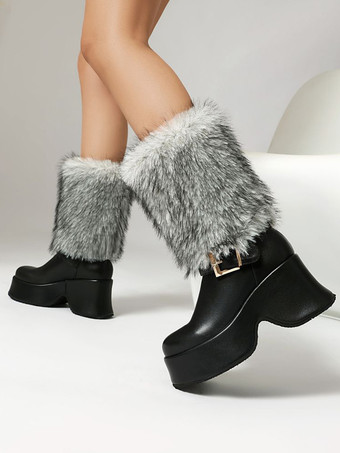 PUレザー ホワイト ラウンドトゥ チャンキーヒール ミッドカーフブーツ レディース ブーツ