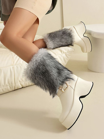 PUレザー ホワイト ラウンドトゥ チャンキーヒール ミッドカーフブーツ レディース ブーツ