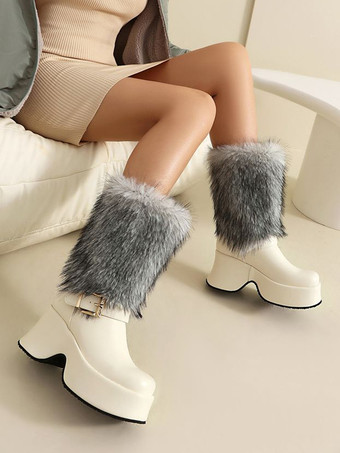 PUレザー ホワイト ラウンドトゥ チャンキーヒール ミッドカーフブーツ レディース ブーツ