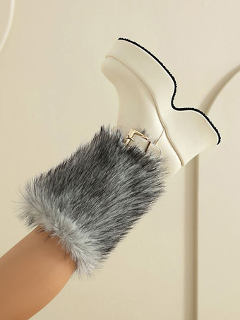 PUレザー ホワイト ラウンドトゥ チャンキーヒール ミッドカーフブーツ レディース ブーツ