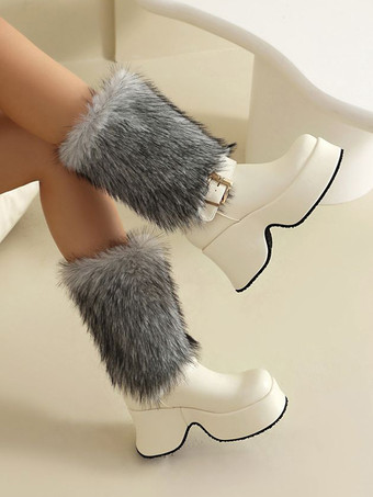 PUレザー ホワイト ラウンドトゥ チャンキーヒール ミッドカーフブーツ レディース ブーツ