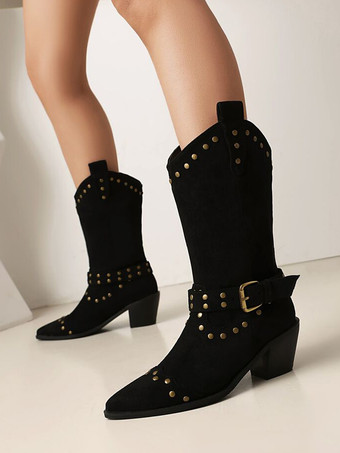 ブラック マイクロスエードアッパー アプリコット ポインテッドトゥ チャンキーヒール ミッドカーフブーツ レディース ブーツ