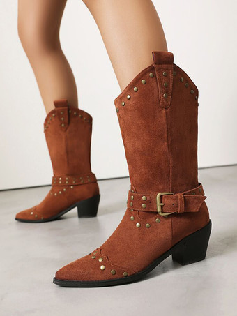 ブラウンマイクロスエードアッパー アプリコット ポインテッドトゥ チャンキーヒール ミッドカーフブーツ レディース ブーツ