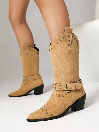 アプリコットマイクロスエードアッパー アプリコット ポインテッドトゥ チャンキーヒール ミッドカーフブーツ レディース ブーツ