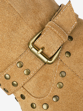 マイクロスエードアッパー アプリコット ポインテッドトゥ チャンキーヒール ミッドカーフブーツ レディース ブーツ