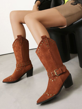 マイクロスエードアッパー アプリコット ポインテッドトゥ チャンキーヒール ミッドカーフブーツ レディース ブーツ