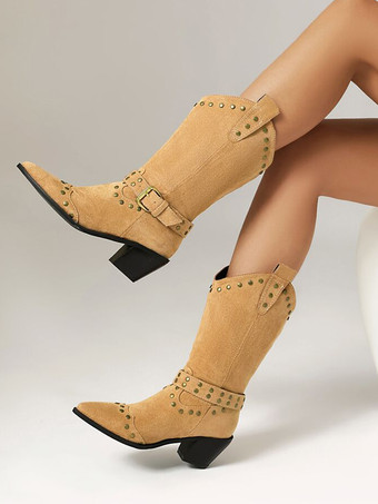 マイクロスエードアッパー アプリコット ポインテッドトゥ チャンキーヒール ミッドカーフブーツ レディース ブーツ