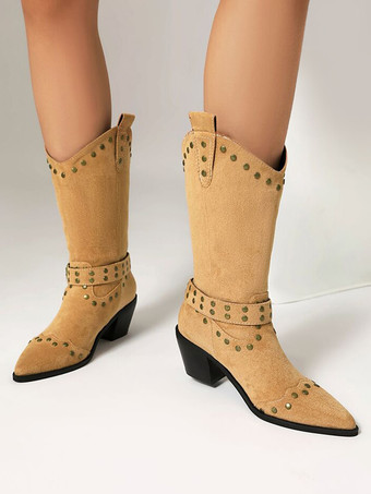 マイクロスエードアッパー アプリコット ポインテッドトゥ チャンキーヒール ミッドカーフブーツ レディース ブーツ