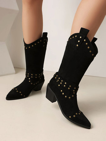 マイクロスエードアッパー アプリコット ポインテッドトゥ チャンキーヒール ミッドカーフブーツ レディース ブーツ