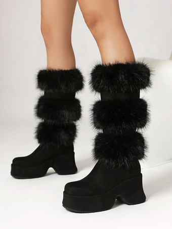 ブラック ミッドカーフブーツ レディース マイクロスエードアッパー ラウンドトゥ チャンキーヒールブーツ