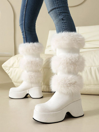 ホワイト ミッドカーフブーツ レディース マイクロスエードアッパー ラウンドトゥ チャンキーヒールブーツ