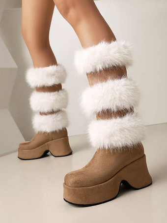 ブラウンミッドカーフブーツ レディース マイクロスエードアッパー ラウンドトゥ チャンキーヒールブーツ