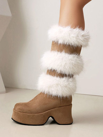 ミッドカーフブーツ レディース マイクロスエードアッパー ラウンドトゥ チャンキーヒールブーツ