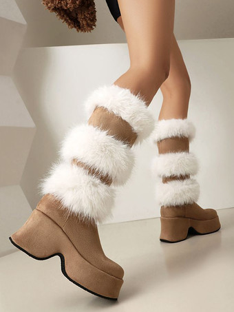 ミッドカーフブーツ レディース マイクロスエードアッパー ラウンドトゥ チャンキーヒールブーツ