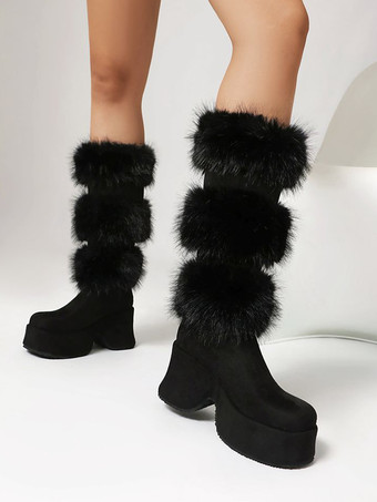 ミッドカーフブーツ レディース マイクロスエードアッパー ラウンドトゥ チャンキーヒールブーツ