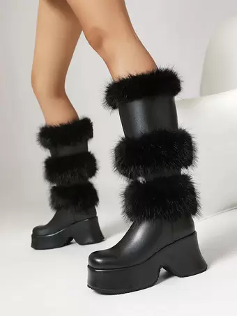 Wadenhohe Stiefel Damenstiefel aus PU-Leder mit runder Zehenpartie