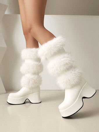 ホワイト ミッドカーフブーツ レディース PUレザー ラウンドトゥ チャンキーヒールブーツ