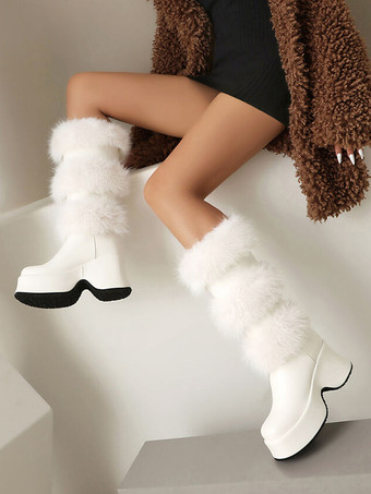 ミッドカーフブーツ レディース PUレザー ラウンドトゥ チャンキーヒールブーツ