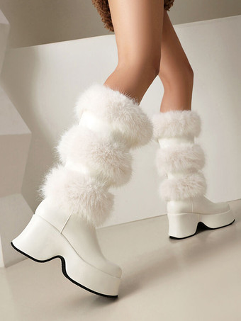 ミッドカーフブーツ レディース PUレザー ラウンドトゥ チャンキーヒールブーツ