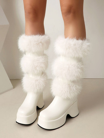 ミッドカーフブーツ レディース PUレザー ラウンドトゥ チャンキーヒールブーツ