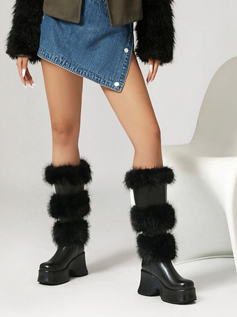 ミッドカーフブーツ レディース PUレザー ラウンドトゥ チャンキーヒールブーツ