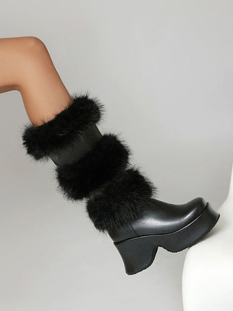 ミッドカーフブーツ レディース PUレザー ラウンドトゥ チャンキーヒールブーツ